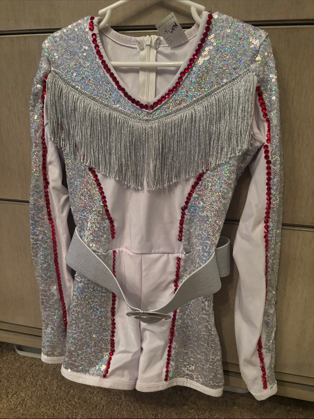White Sequin Fringe Dance Costume Jacket with Red Trim - Kids MC